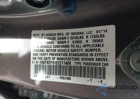 2014 Honda Civic Lx z USA, uszkodzony, nr VIN 19XFB2F51EE211404